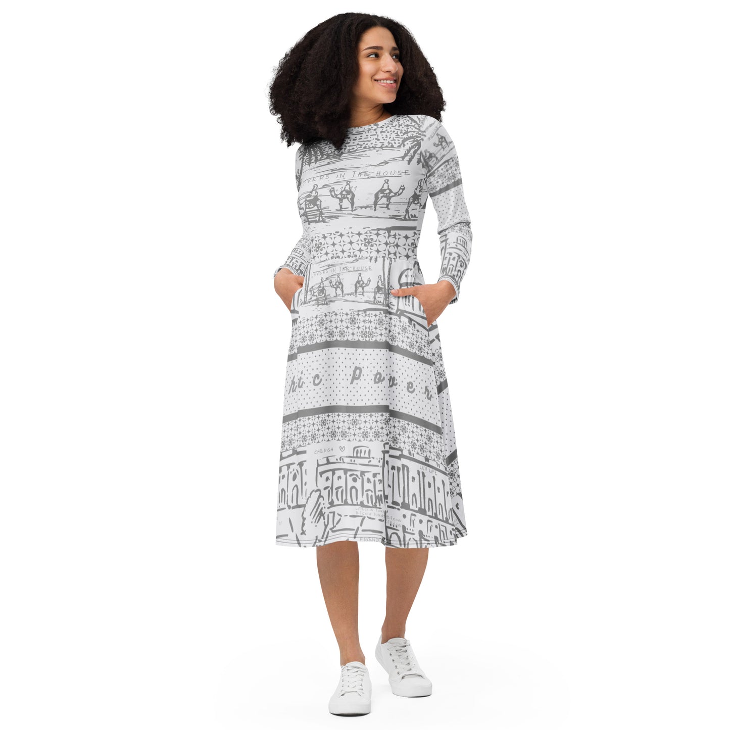 Chic Lite Gray Illustrated Midi Dress